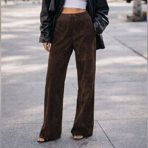 Danier Genuine Brown Leather Wide-Leg Pants Drawstring Waist Relaxed Fit size 10